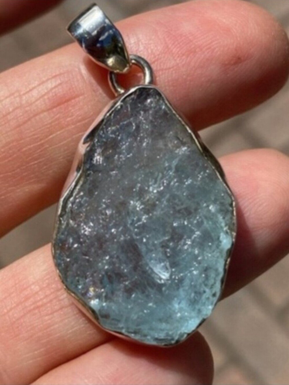 Rare Raw Aquamarine Pendant in Light Blue Bezel Set 925 Sterling Silver Setting